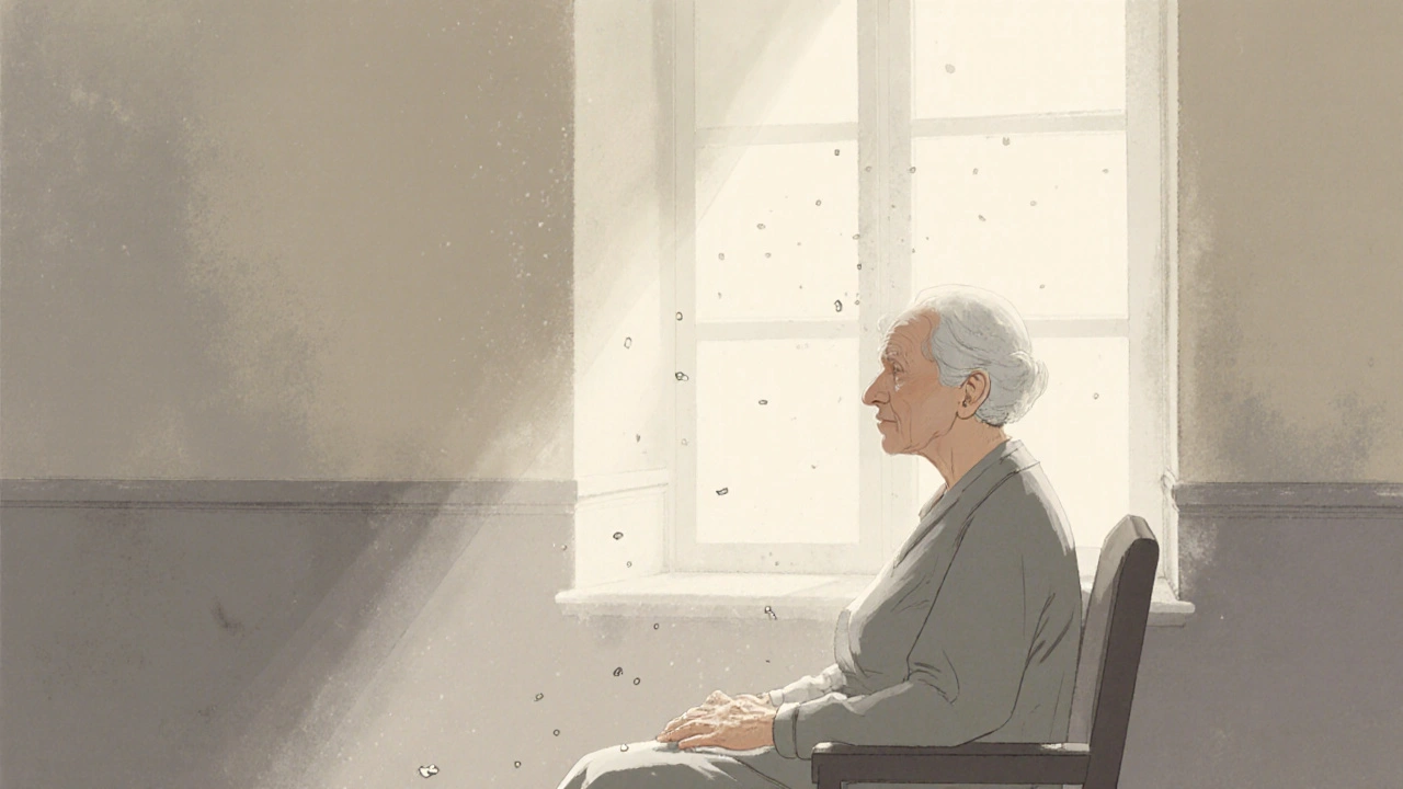 Une femme âgée assise près d'une fenêtre, la lumière du jour filtre doucement, poussière dans l'air, silence absolu.