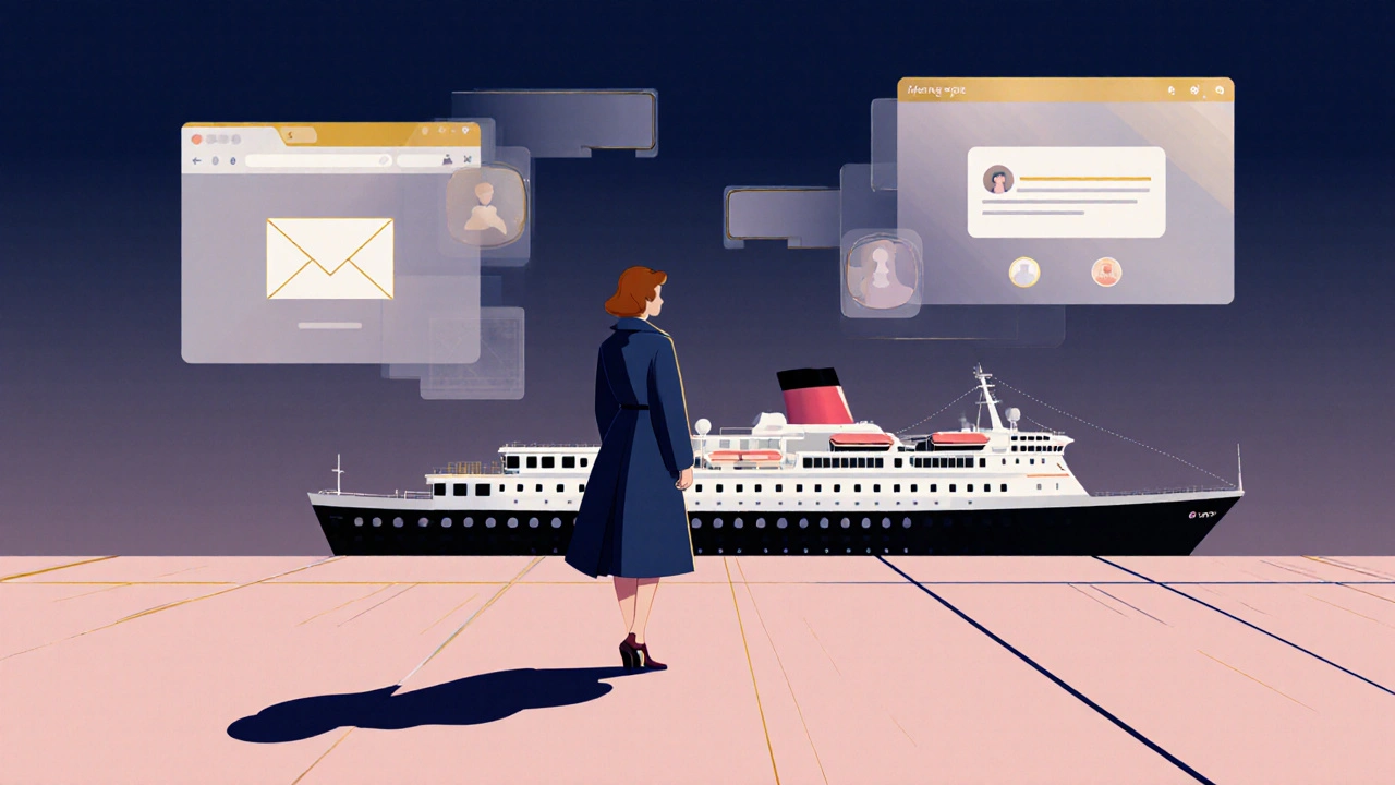 Une femme au port, regardant un bateau s'éloigner, avec des interfaces numériques fantômes flottant derrière elle.