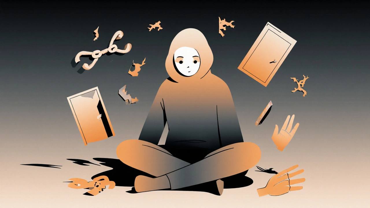 Une personne assise dans l'ombre, son corps fait de papier découpé, entourée de symboles d'exil et de liberté.