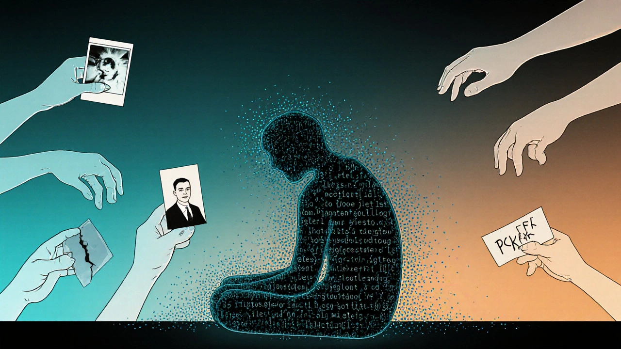 Une personne en train de se transformer en code numérique, entourée de mains fantômes tenant des souvenirs.