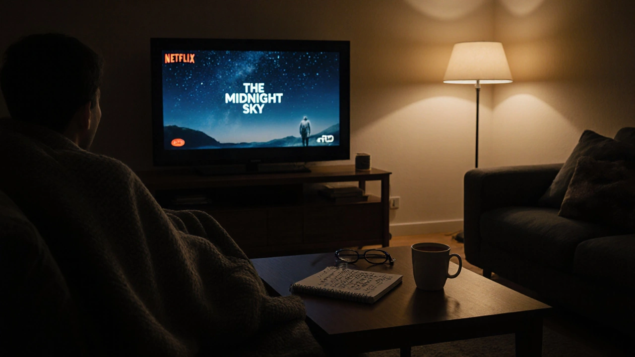 Une personne regarde 'The Midnight Sky' sur un écran de télévision dans une pièce sombre, enveloppée dans une couverture.