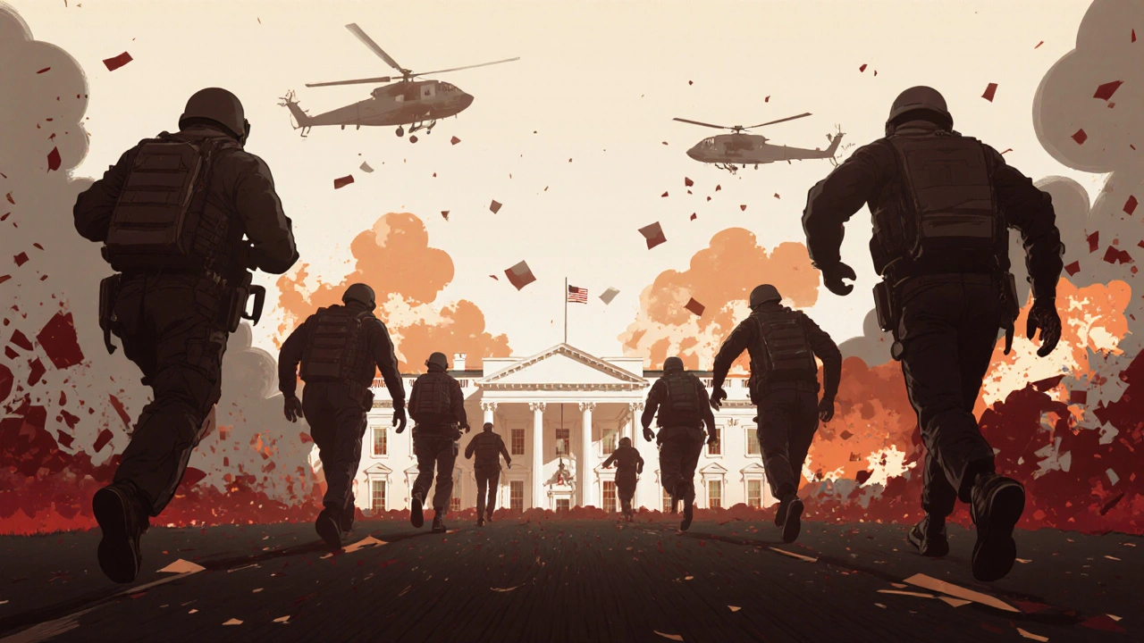 Une scène continue de sept minutes montrant des personnages avançant vers la Maison Blanche amid des explosions et des hélicoptères.
