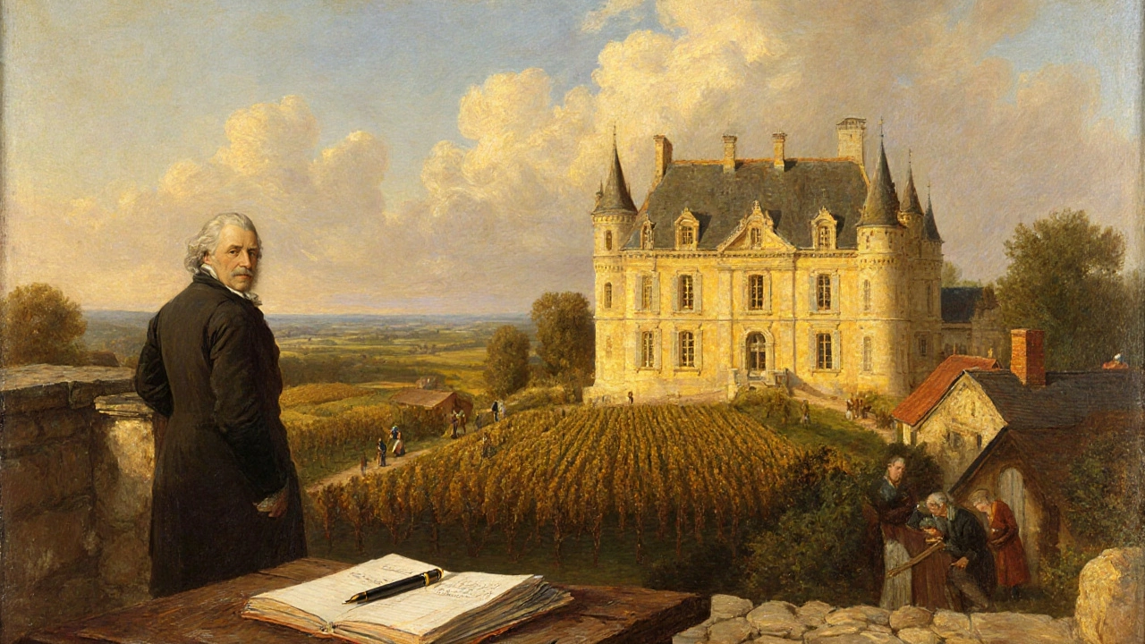 Voltaire supervise son domaine de Ferney avec des champs et des cottages en arrière-plan.