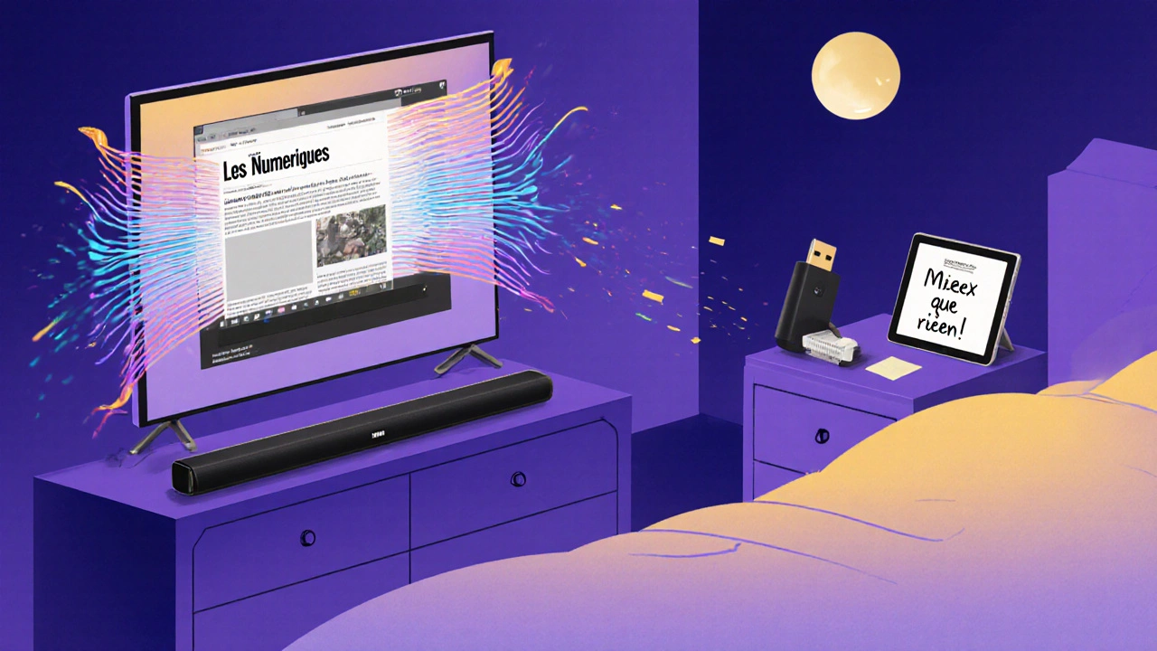 Ancienne TV connectée en Bluetooth à une soundbar Atmos, avec des ondes sonores douces et un adaptateur HDMI visible.