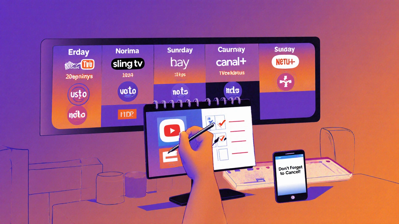 Calendrier avec sept jours mis en évidence, montrant des services de streaming et une alerte sur un téléphone.