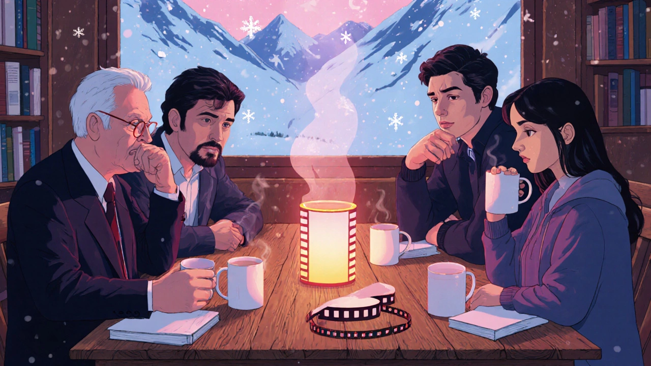 Cinéastes célèbres réunis autour d&#039;une table en bois dans un café de montagne, contemplatifs, une bobine de film lumineuse au centre.