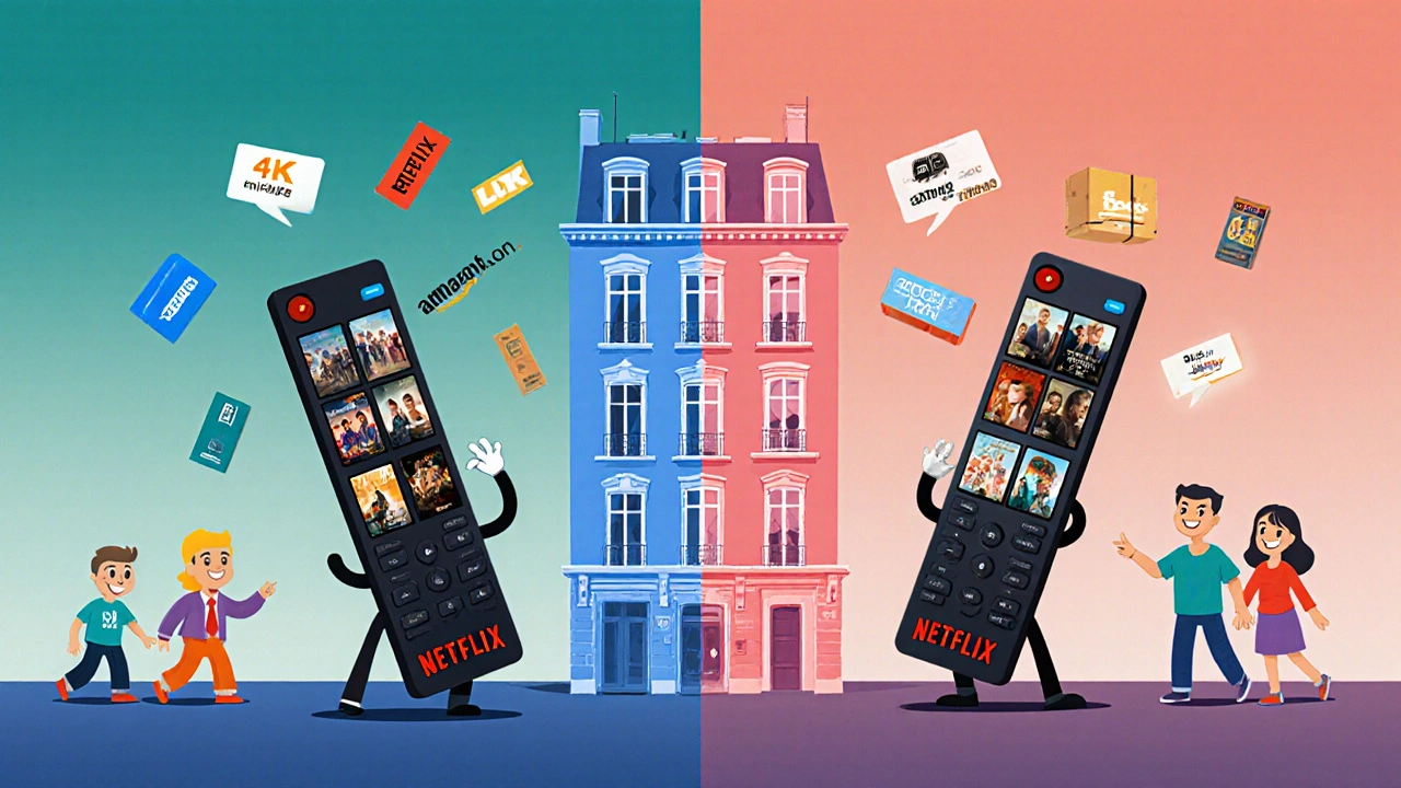 Comparaison cartoon de Netflix et Amazon Prime Video avec leurs limites de flux simultanés, devant un immeuble français.