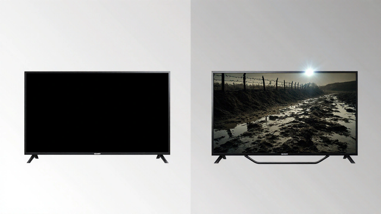 Comparaison visuelle d&#039;un téléviseur mal calibré et d&#039;un autre avec des détails dans les ombres.