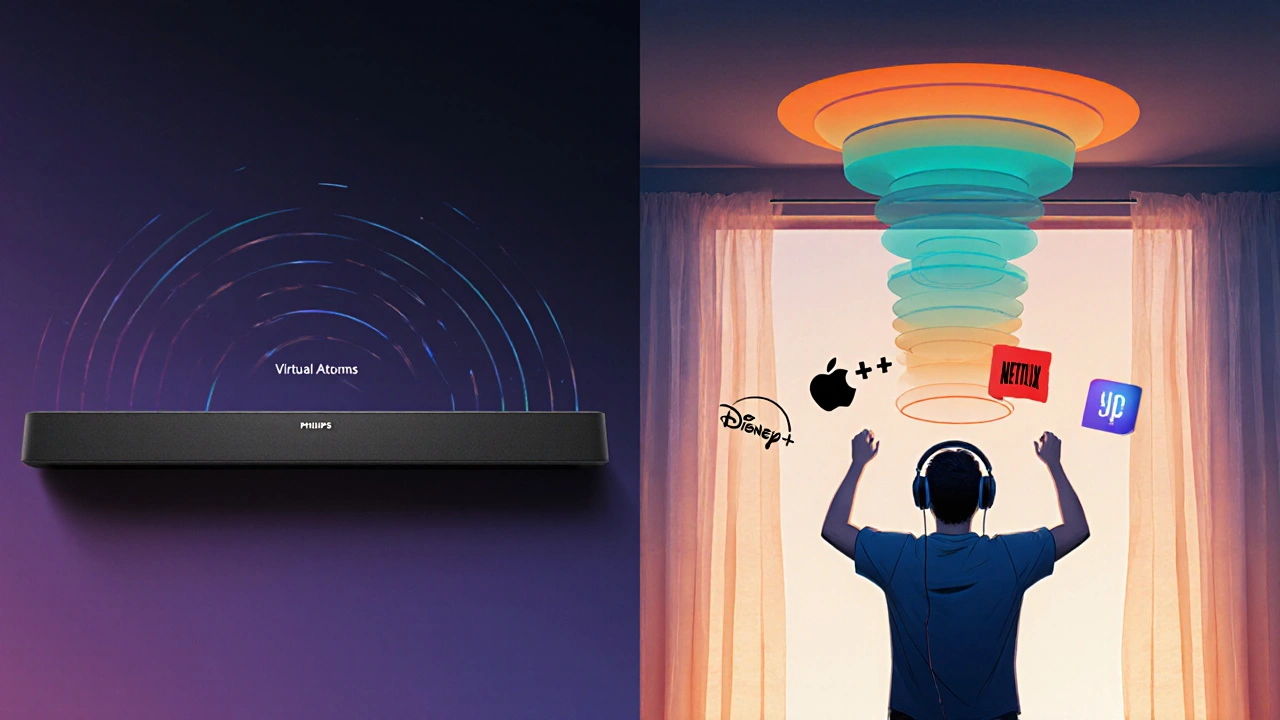 Comparaison visuelle d&#039;une soundbar virtuelle et d&#039;une vraie Atmos avec des ondes sonores colorées en gradient.