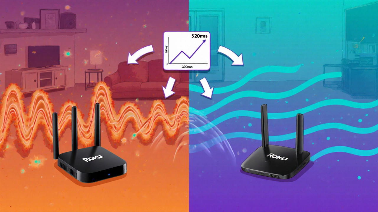 Comparaison visuelle entre une connexion Wi-Fi 2,4 GHz instable et une connexion 5 GHz stable pour un appareil Roku.