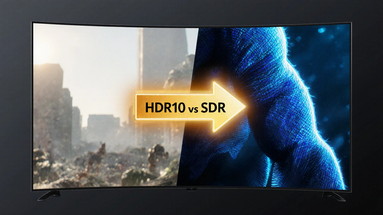 Comparaison visuelle entre une image 1080p terne et une image 4K HDR lumineuse et détaillée.