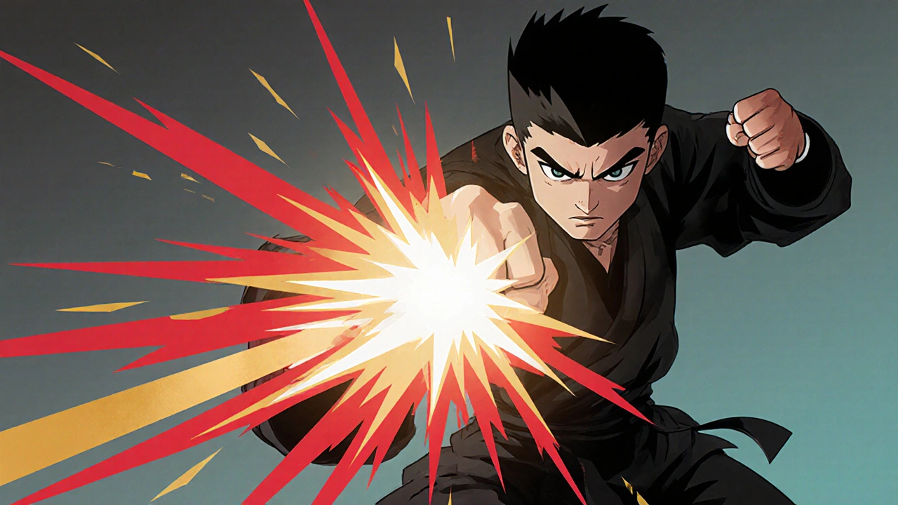 Coup de poing animé avec des lignes de vitesse en dégradés rouges et or, mouvement stylisé.