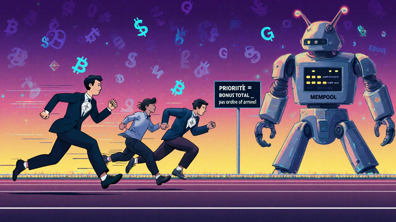 Des transactions comme des coureurs sur une piste, triées par bonus, pas par ordre d&#039;arrivée, sous l&#039;œil d&#039;un validateur robot.