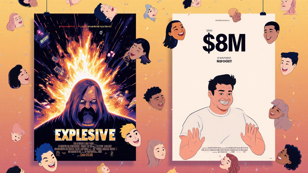 Deux affiches de films côte à côte : un blockbuster hollywoodien coûteux et un film français modeste, avec des spectateurs réagissant différemment.