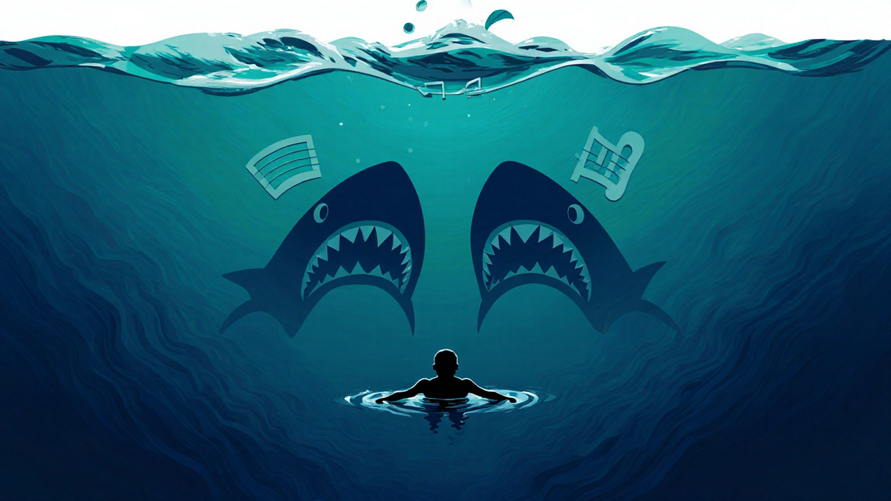 Deux notes basses pulsent sous l&#039;eau, annonçant la menace de la dent de la mer dans des gradients bleus profonds.