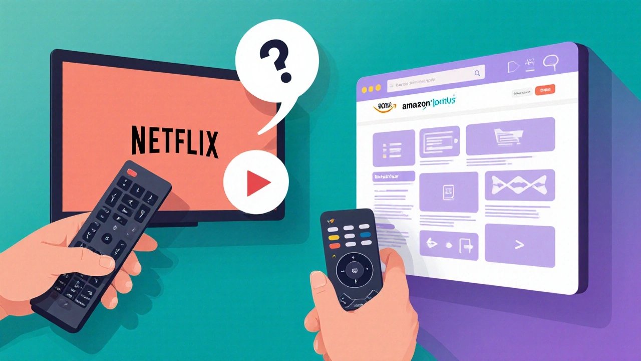 Deux personnes face à des interfaces Netflix et Prime Video, l&#039;une simple, l&#039;autre surchargée.