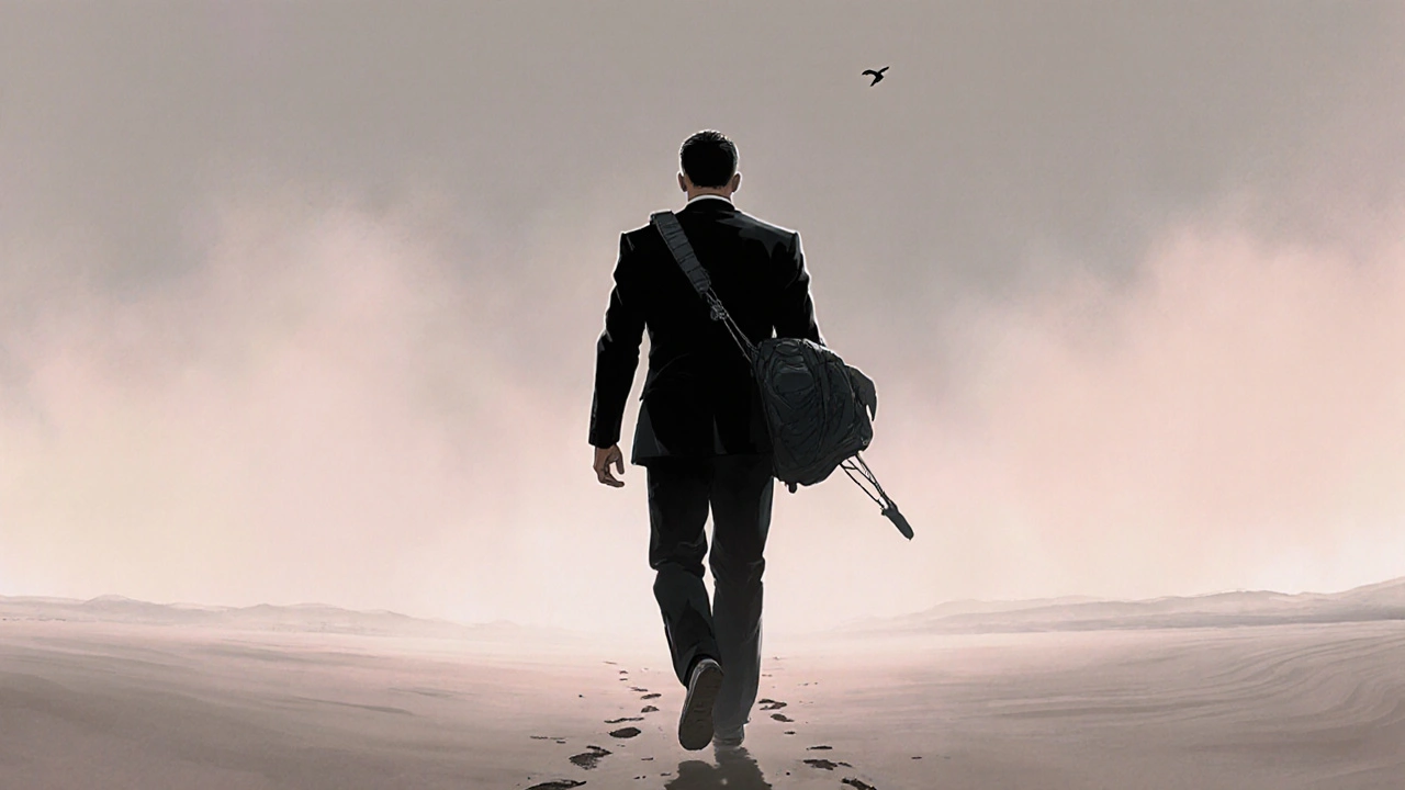 Ethan Hunt s&#039;éloignant dans un désert brumeux, parachute à l&#039;épaule, pas dans le sable, ciel rose et gris.