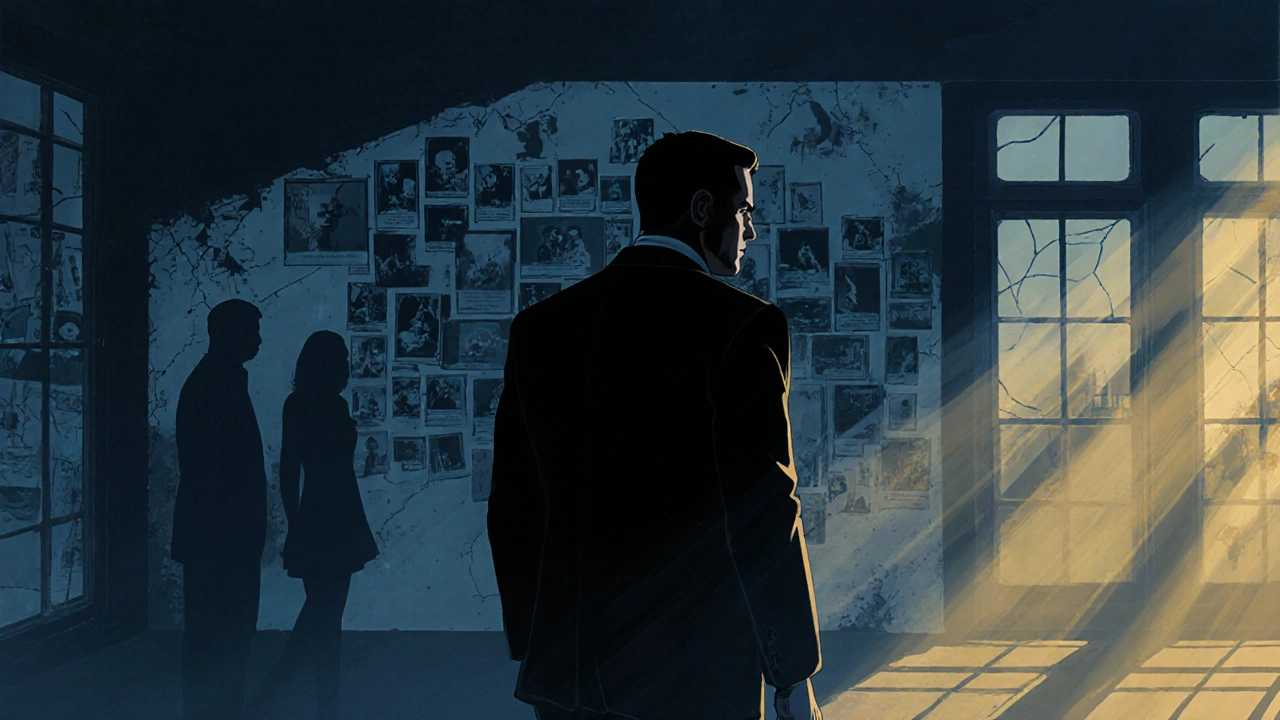 Ethan Hunt seul dans une pièce vide, ombres des anciens compagnons, lumière douce et atmosphère mélancolique.