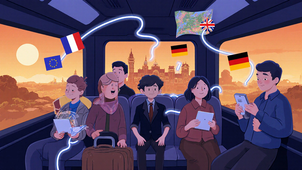 Famille dans un train européen streamant des séries internationales grâce à un VPN.