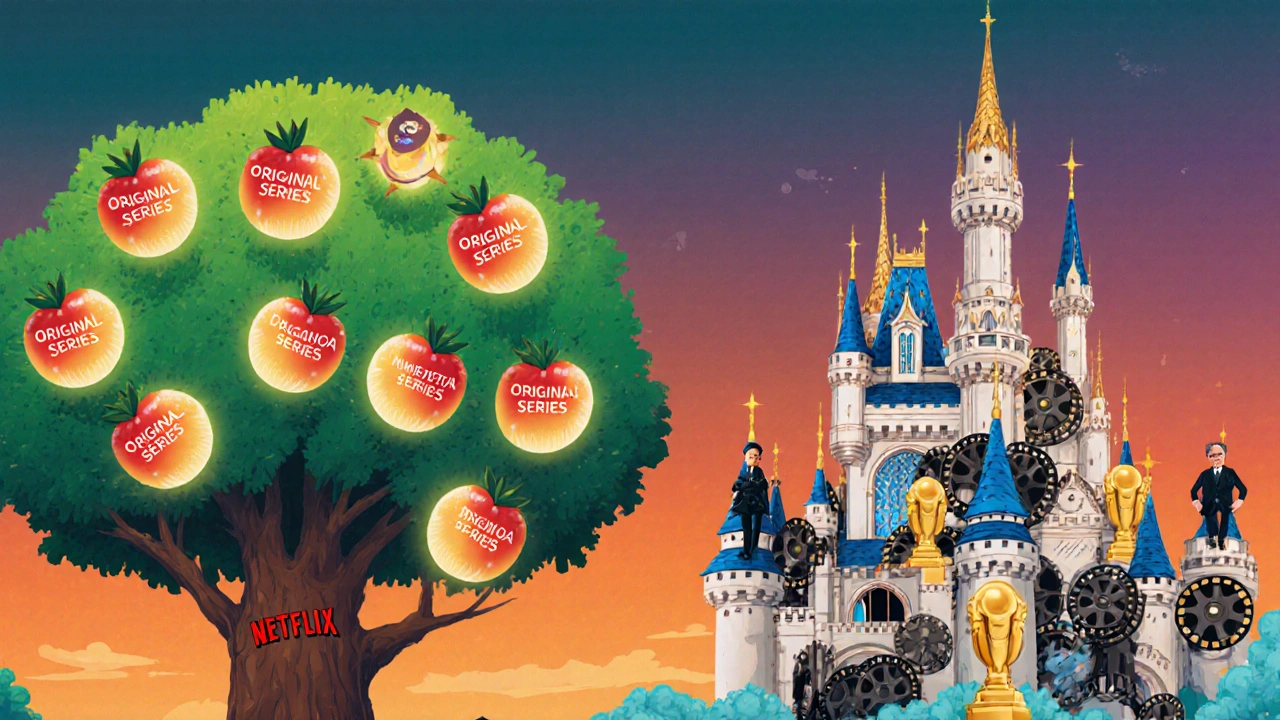 Géant arbre Netflix contre château Amazon, représentant contenus originaux et productions ambitieuses.