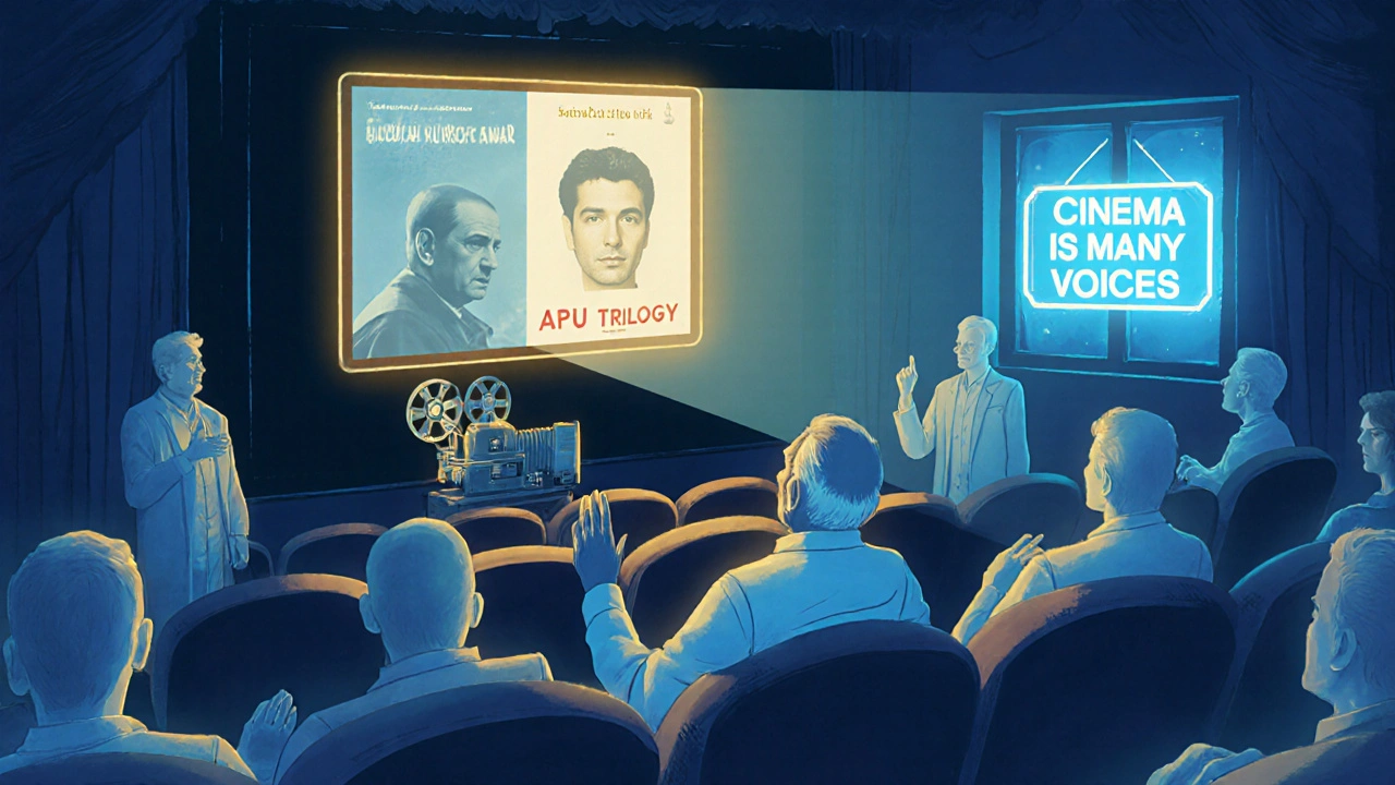 Homme âgé regardant un film de Satyajit Ray dans une salle obscure, entouré d&#039;ombres de cinéastes mondiaux.