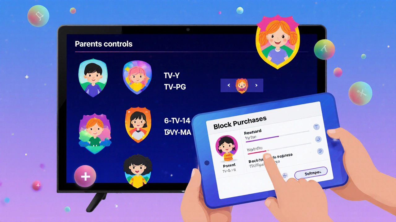 Interface illustrée des contrôles parentaux Apple TV+ avec des icônes de classification de contenu en dégradés colorés.