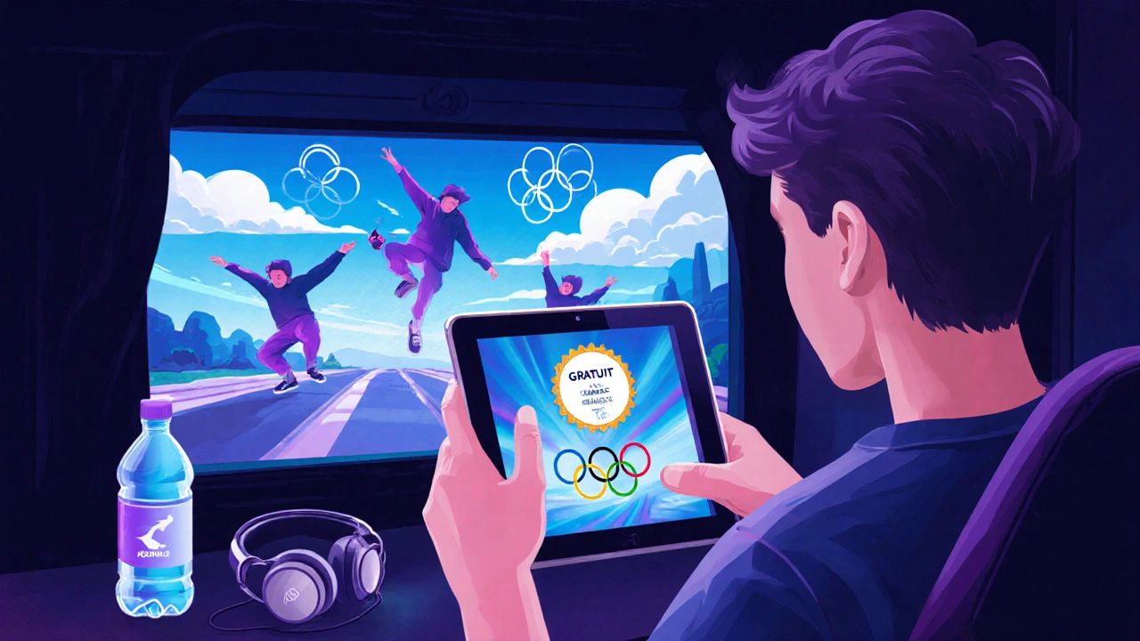 Jeune voyageur sur un train streamant le breakdance olympique depuis France.tv.