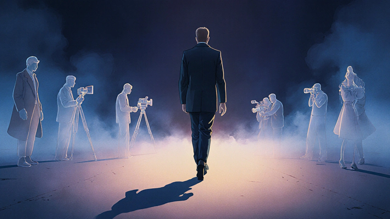 Le producteur exécutif marche seul sur un plateau vide au lever du soleil, les ombres du tournage s&#039;estompent autour de lui.