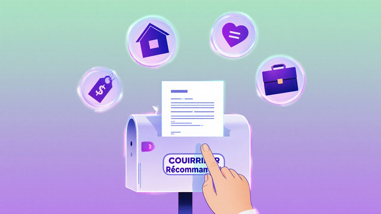 Main en train d&#039;envoyer une lettre recommandée avec des icônes des exceptions légales flottant au-dessus.