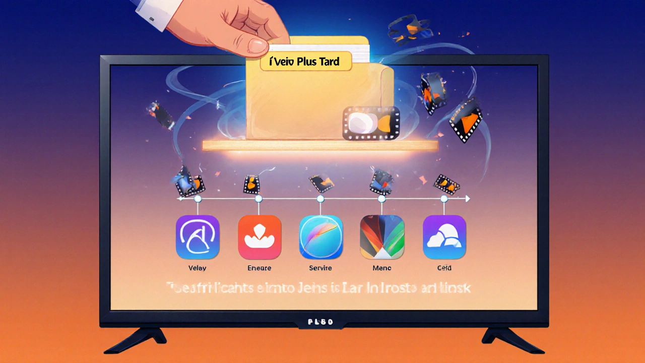 Main posant un dossier &#039;À voir plus tard&#039; derrière un téléviseur avec des applications bien rangées.