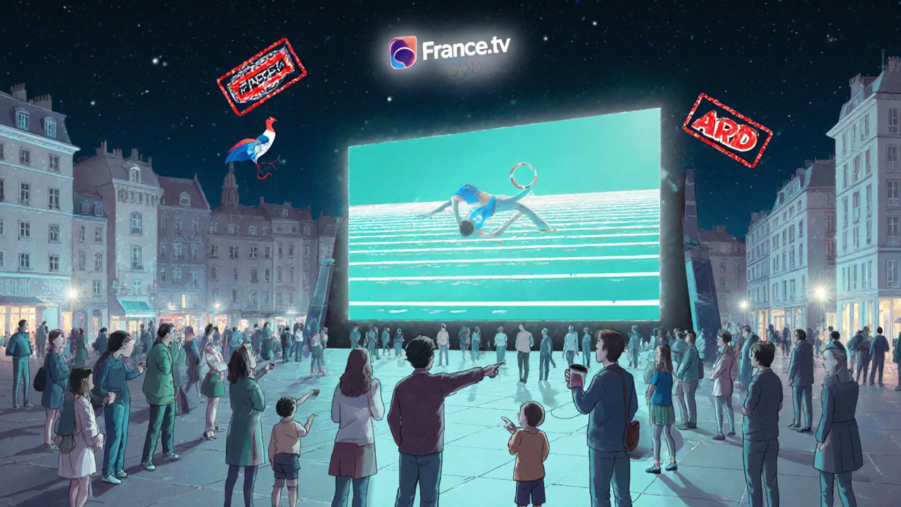 Place publique à Lyon avec écran géant diffusant la finale de natation aux Jeux Olympiques.