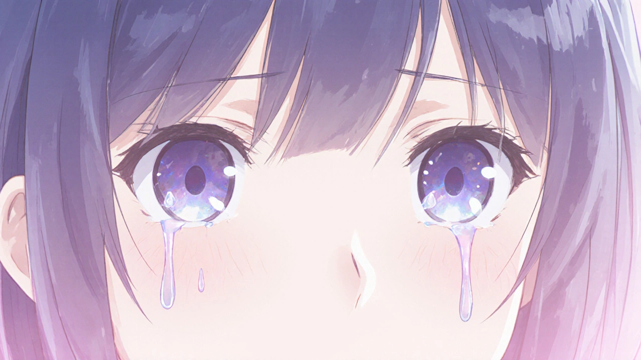 Plan rapproché d&#039;un visage d&#039;anime sans bouche, larmes en dégradés doux, émotion silencieuse.