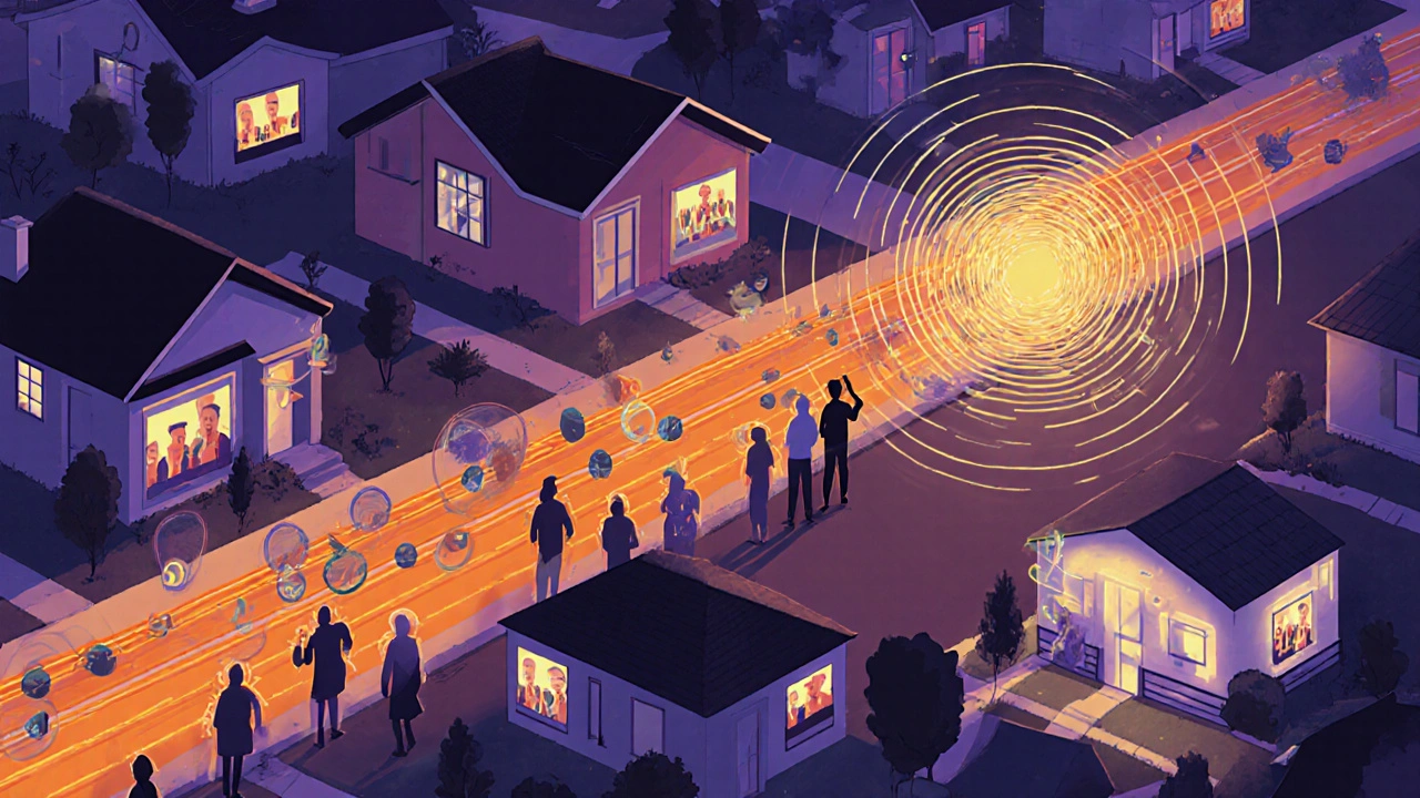 Quartier urbain en soirée où le câble partagé cause des ralentissements pour plusieurs foyers.