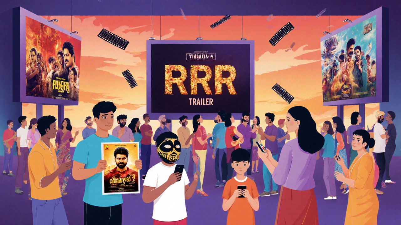 Salle de cinéma animée à Hyderabad avec un public enthousiaste pour un film telugu, entouré de bandes-annonces régionales.