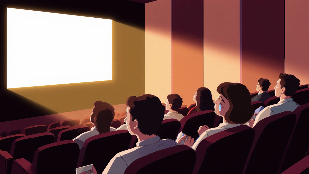 Salle de cinéma obscure où un public silencieux regarde un film, une larme sur la joue d&#039;un spectateur, éclairé par la lumière du projecteur.