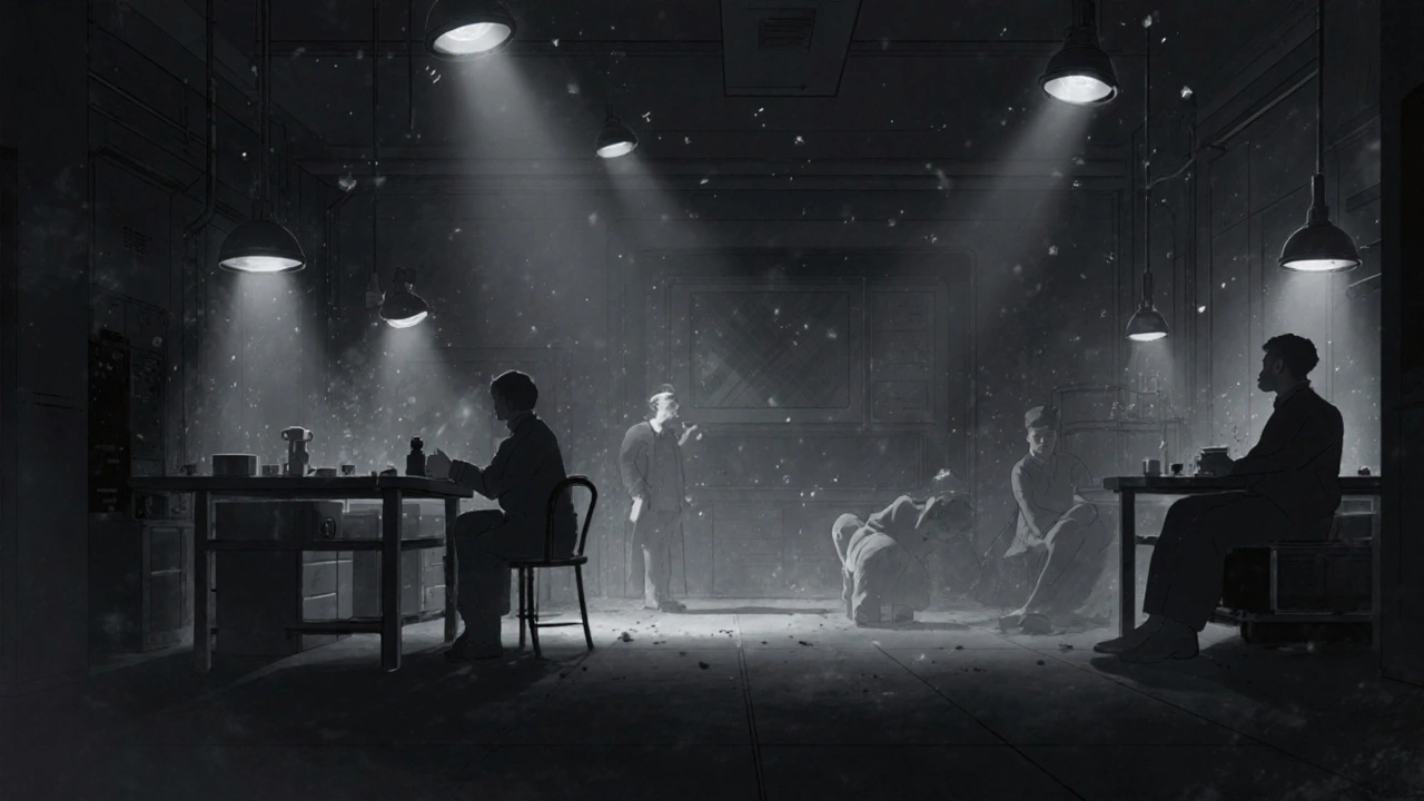 Scène de laboratoire d&#039;Oppenheimer avec des noirs surélevés et grisâtres.