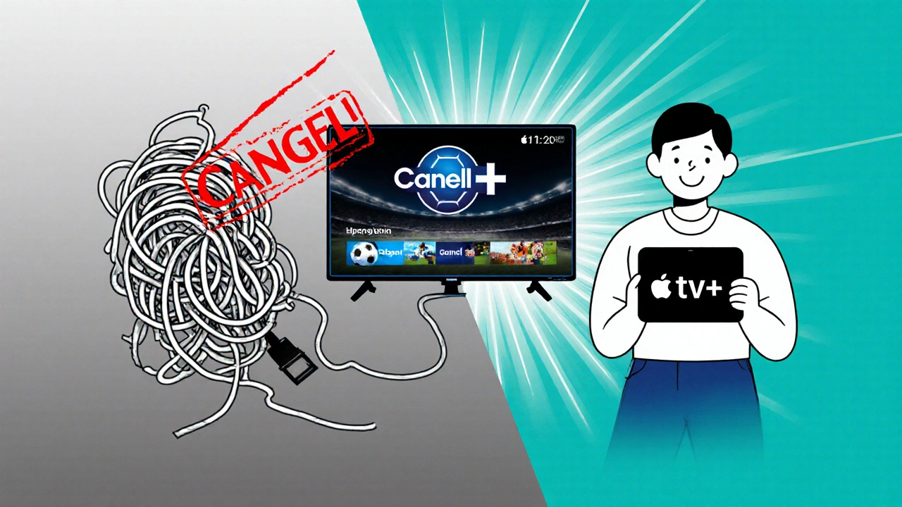 Scène divisée : câbles obsolètes d&#039;un côté, écran de streaming sportif de l&#039;autre, avec une personne souriante.