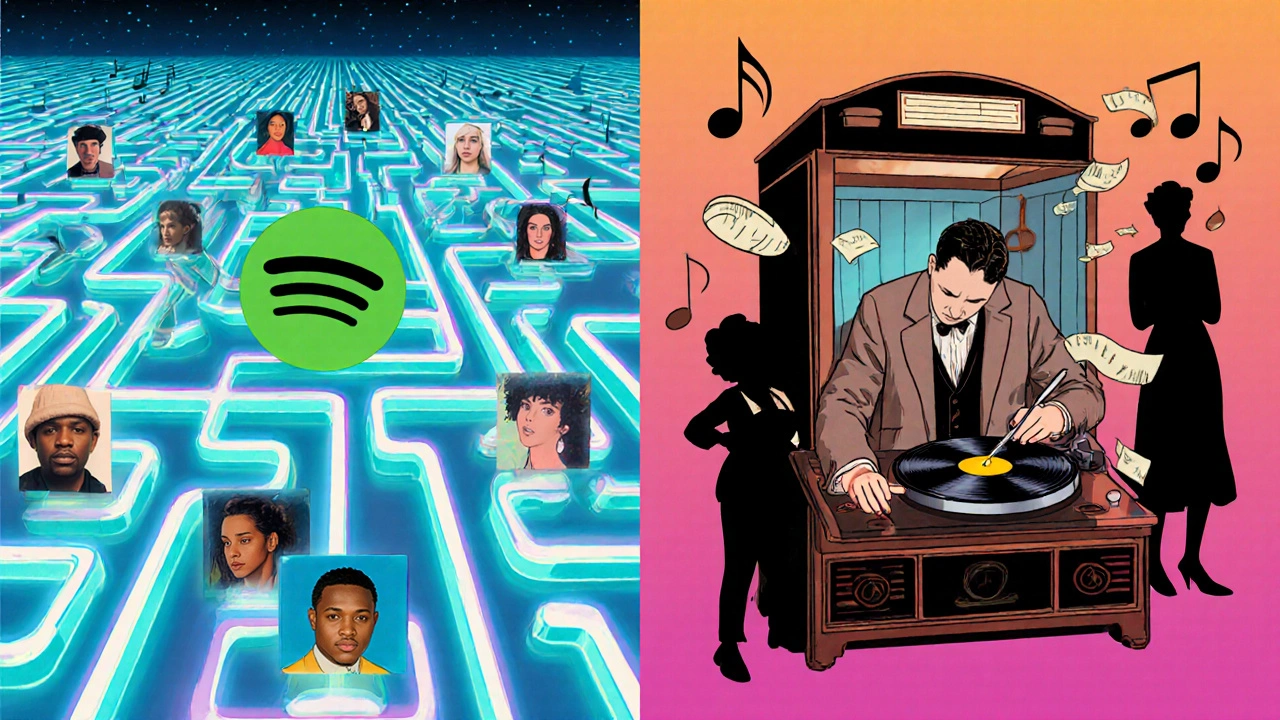 Spotify et Apple Music comparés : un labyrinthe de playlists et un disque vinyle curaté par une main humaine.
