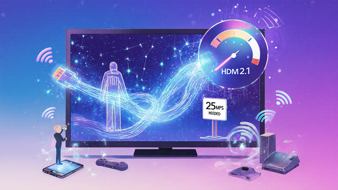 Téléviseur 4K révélant ses composants internes avec câble HDMI, IA et débit internet en gradients lumineux.