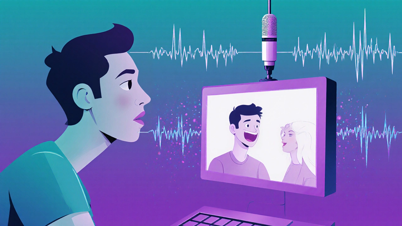 Un acteur réenregistre ses dialogues dans un studio, concentré sur l&#039;écran.