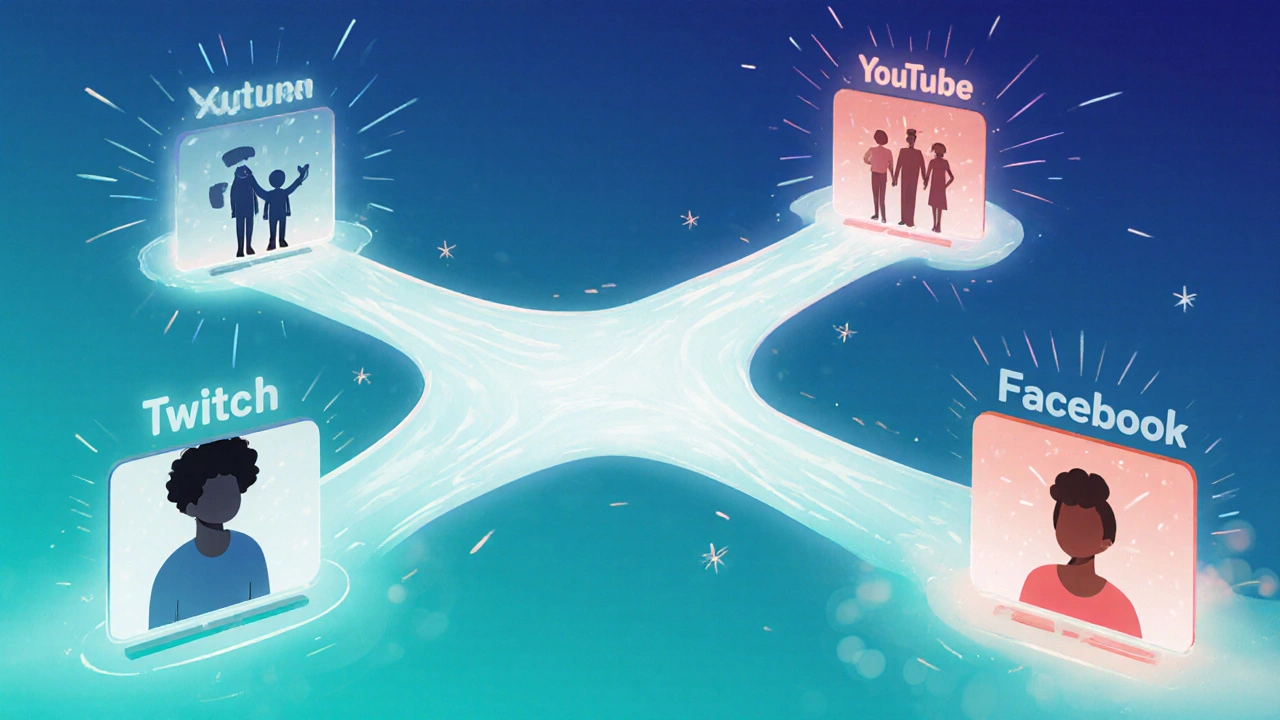 Un flux vidéo se divise en trois chemins lumineux vers Twitch, YouTube et Facebook avec des silhouettes de publics.