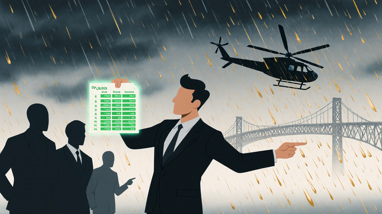 Un producteur négocie avec des investisseurs sous une tempête, un pont est évacué par hélicoptère.