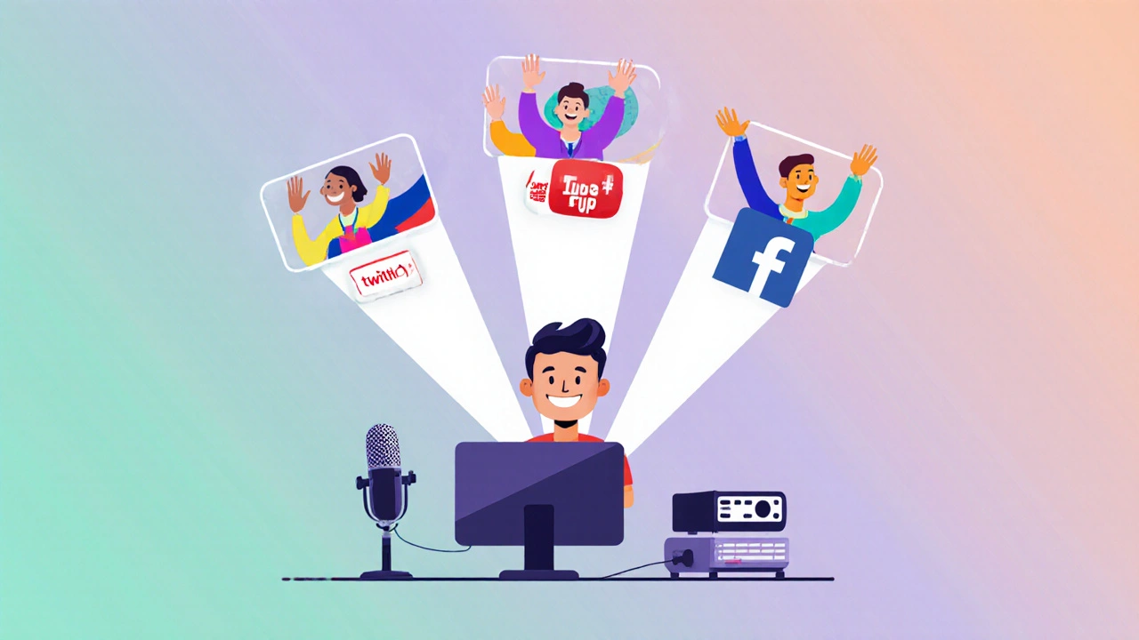 Un streamer envoie un flux vers trois plateformes flottantes, entouré d&#039;avatars de spectateurs souriants.