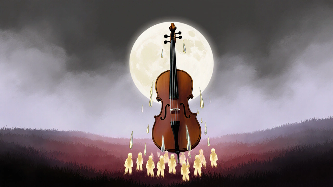 Un violoncelle solitaire émet une lumière dorée dans un champ brumeux, ses larmes se transforment en silhouettes lumineuses.
