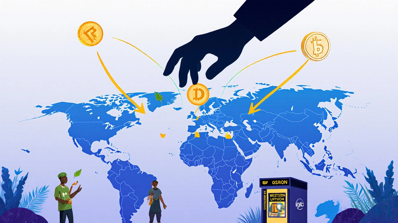 Une carte mondiale montre des flux de stablecoins vers l&#039;Afrique et l&#039;Asie du Sud-Est, avec une main qui gèle un jeton USDC.