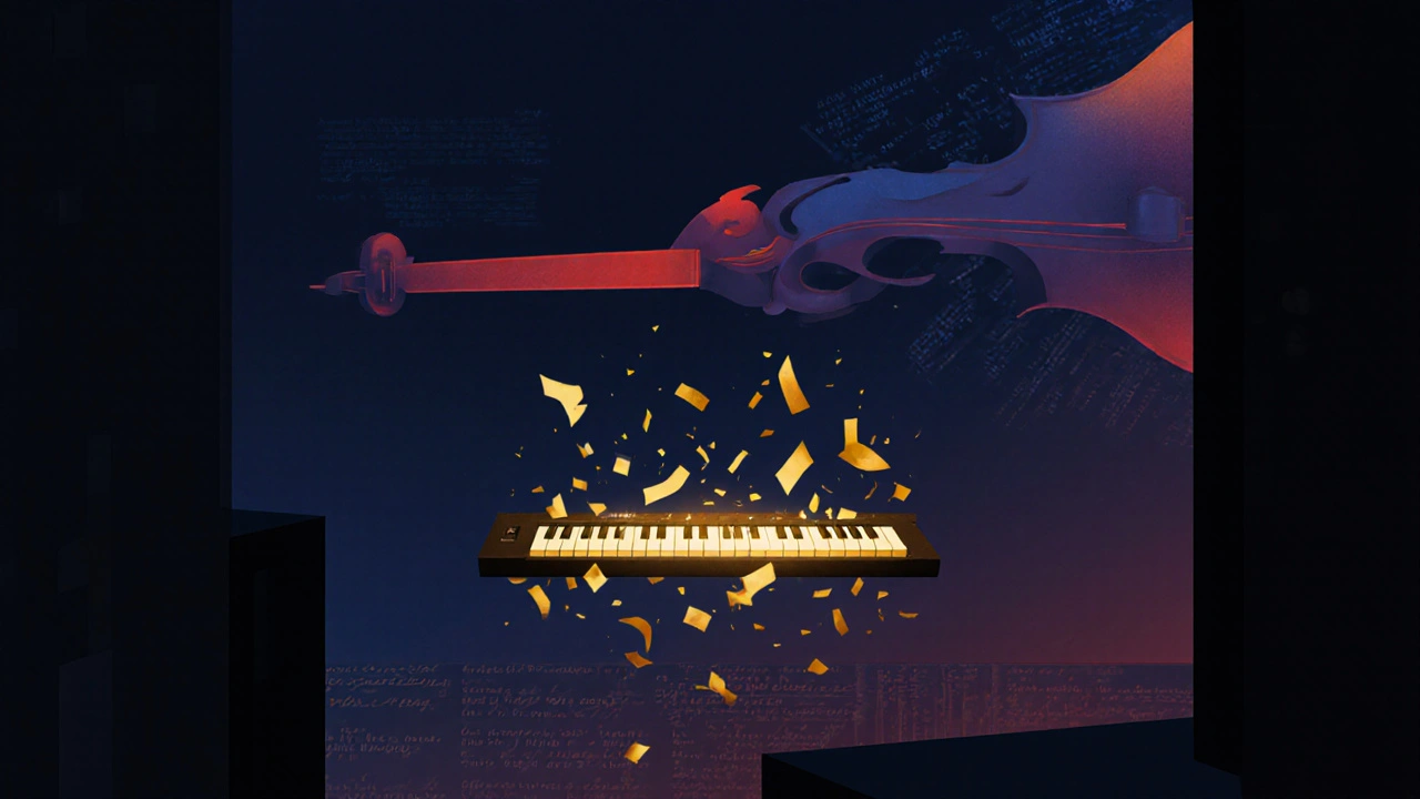 Une clé de piano flottante émet une lumière dorée, entourée de paroles de chanson qui s&#039;évaporent, tandis qu&#039;un archet de violoncelle immense vibre dans l&#039;ombre.