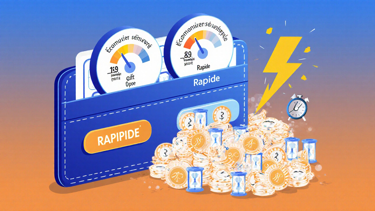 Une interface de portefeuille avec trois niveaux de frais, un éclair indiquant une transaction rapide qui dépasse les autres dans un réseau surchargé.