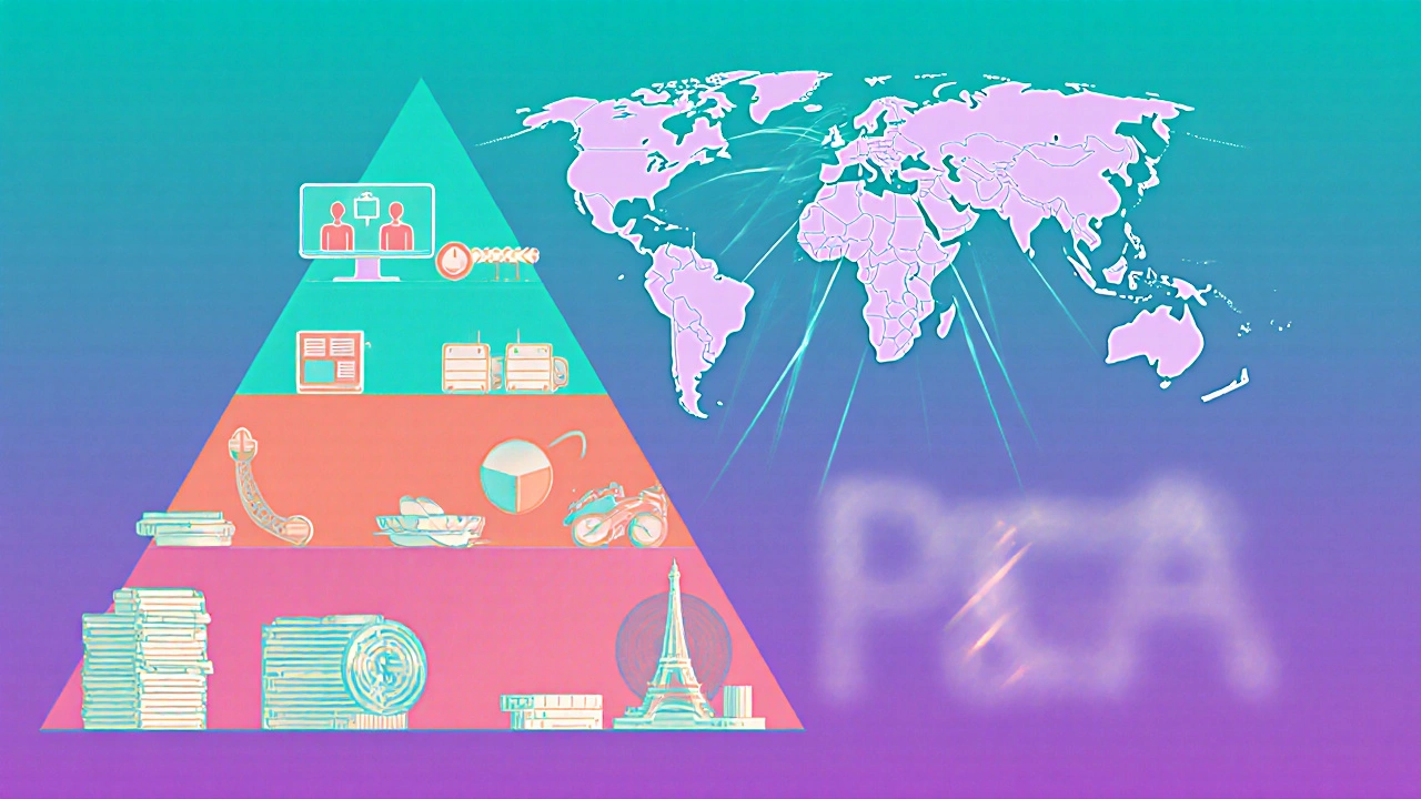 Une pyramide illustrant les composantes du budget P&amp;A : impressions, télévision, réseaux sociaux et carte mondiale, en dégradés colorés.
