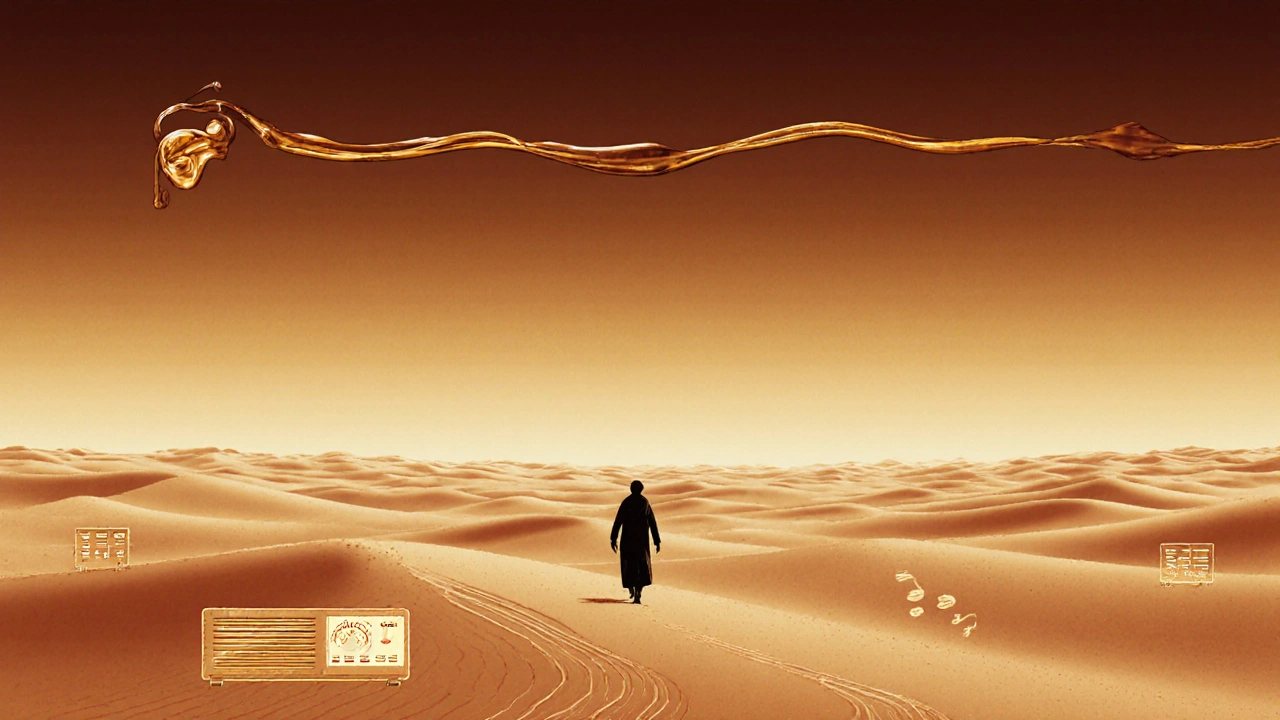 Une silhouette marche dans un désert au lever du jour, une note de violon s&#039;étend comme un fil doré dans le ciel, tandis que des ondes radio se perdent dans le sable.