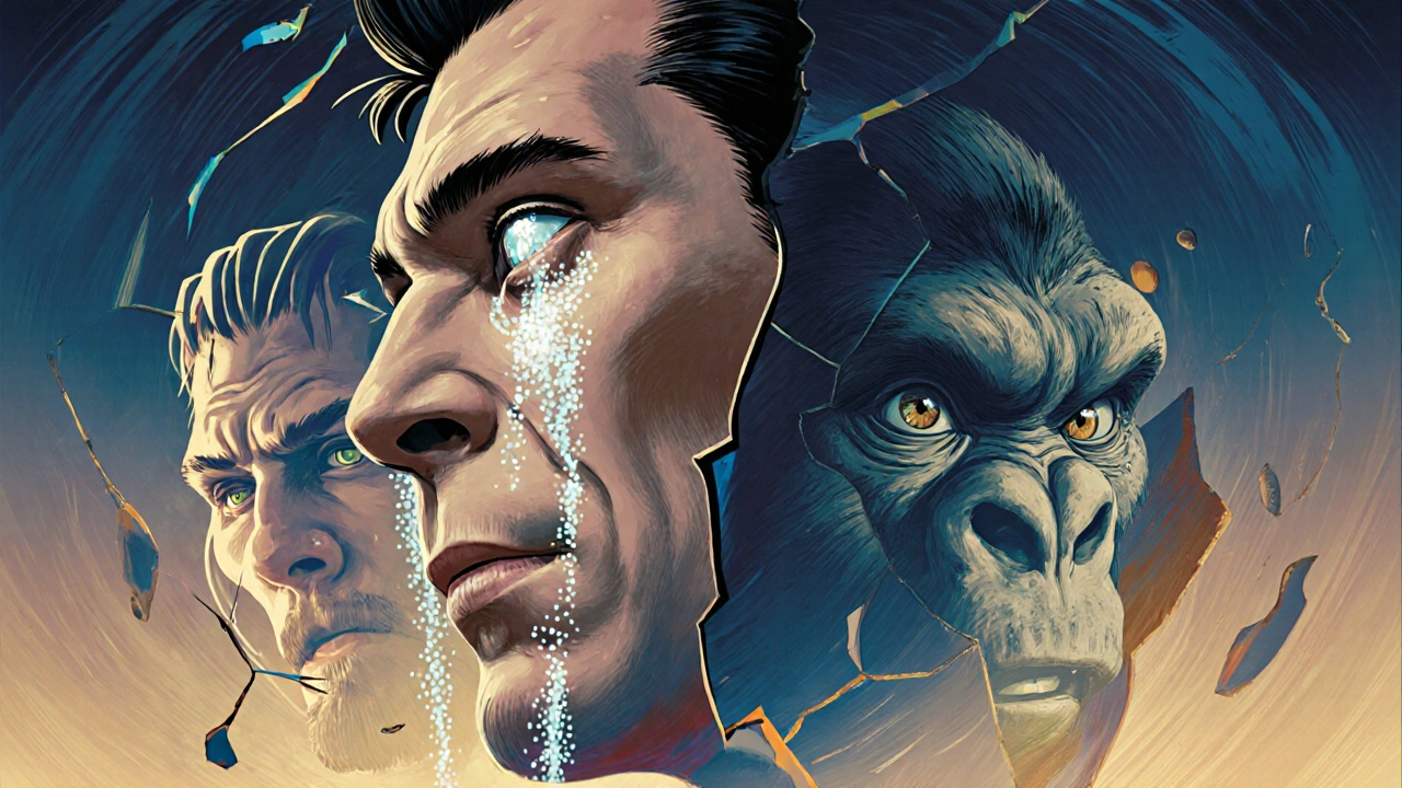 Visage de Serkis couvert de points réfléchissants, des larmes lumineuses coulent tandis que des yeux de personnages numériques le regardent.